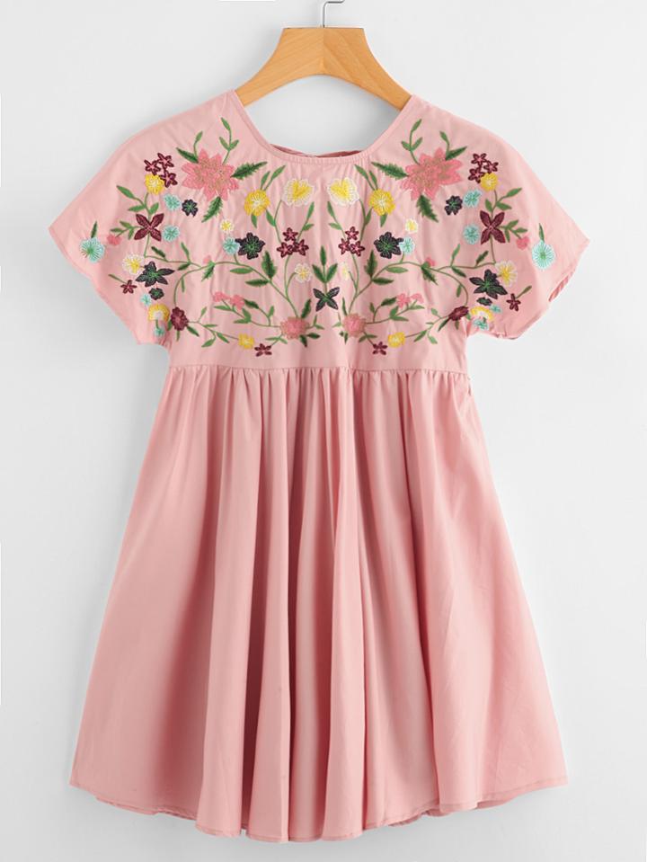 Romwe Flower Embroidered Tie Up V Back Smock Dress