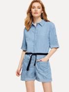 Romwe Tie Waist Cowboy Denim Jumpsuit