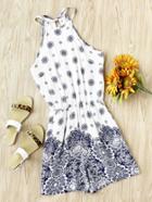 Romwe Slit Tie Back Porcelain Print Cami Playsuit