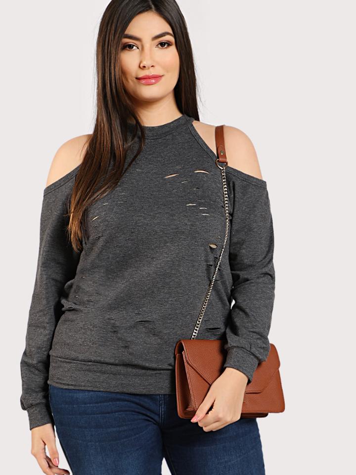 Romwe Ripped Cold Shoulder Sweatshirt