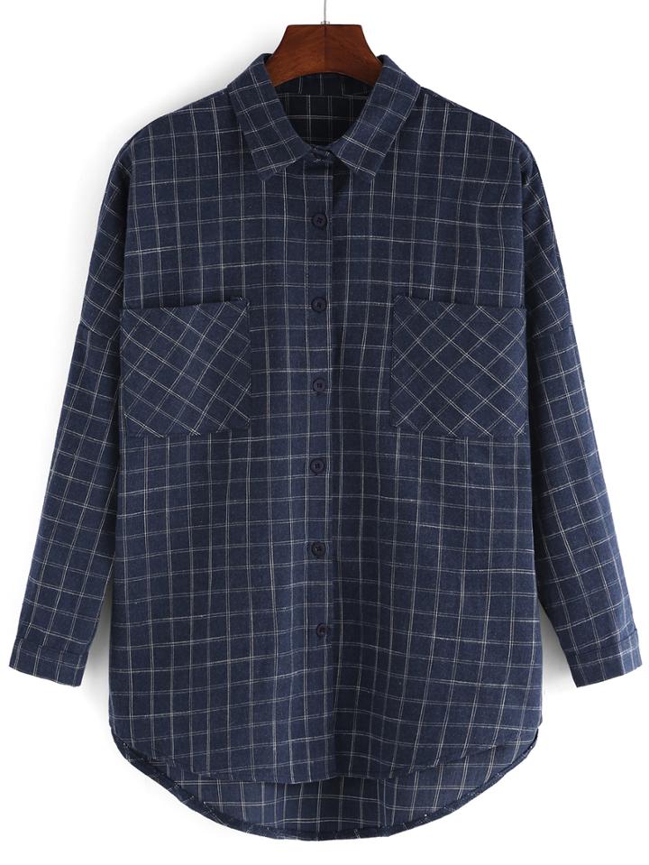 Romwe Lapel Plaid High Low Pockets Navy Blouse