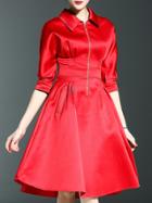 Romwe Red Lapel Pockets A-line Dress