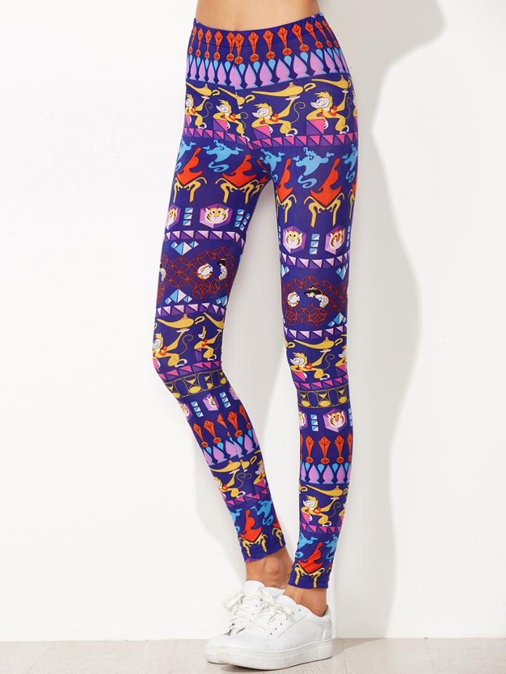 Romwe Blue Printed High Waist Leggings
