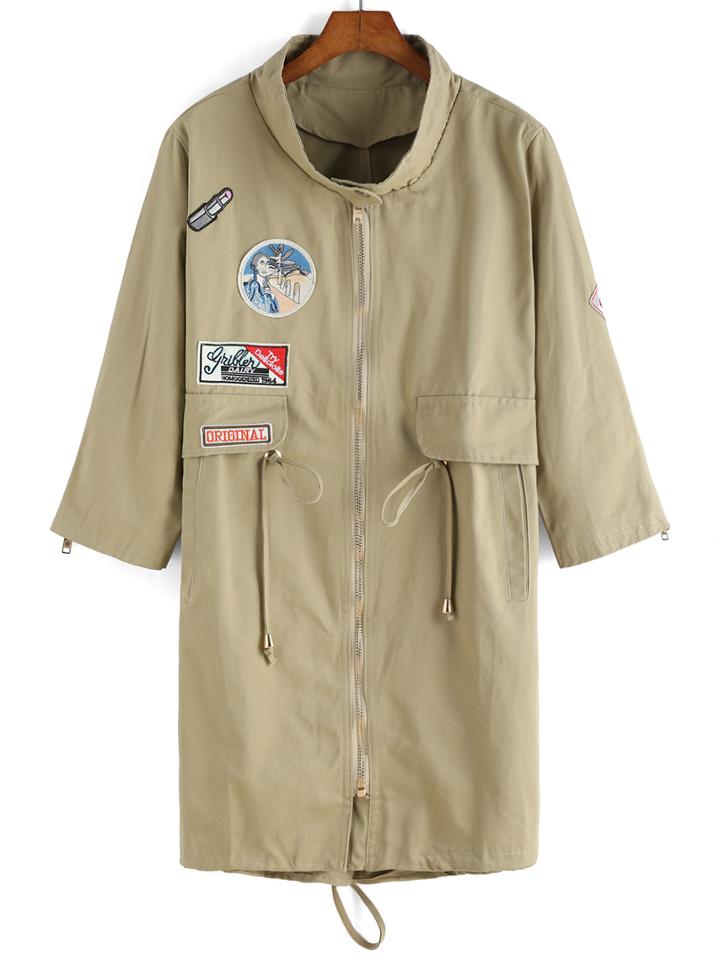 Romwe Stand Collar Drawstring Patch Coat