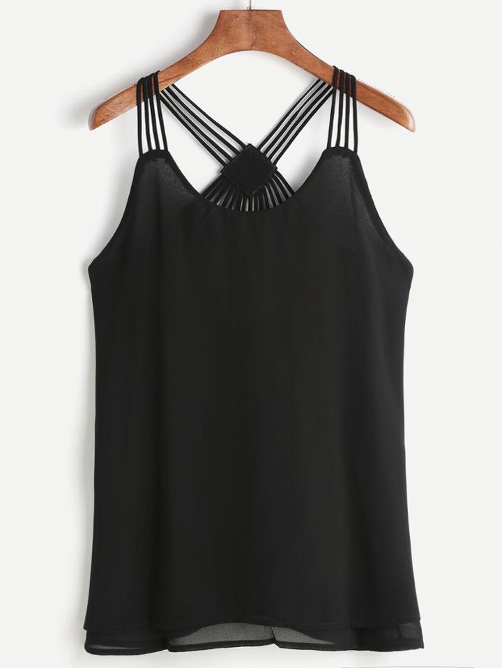 Romwe Black Strappy Back Layered Chiffon Cami Top
