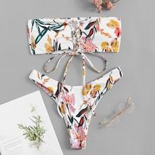 Romwe Random Floral Lace-up Bandeau With High Cut Bikini