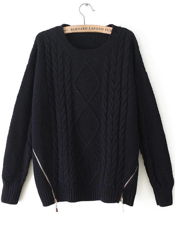 Romwe Cable Knit Zip Embellished Navy Sweater