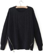 Romwe Cable Knit Zip Embellished Navy Sweater