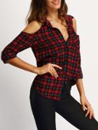 Romwe Tartan Plaid Open Shoulder Curved Hem Blouse