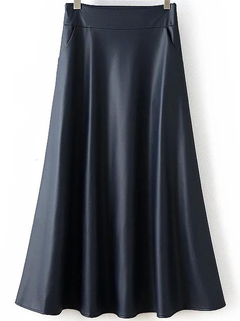 Romwe High Waist Pu Long Navy Skirt
