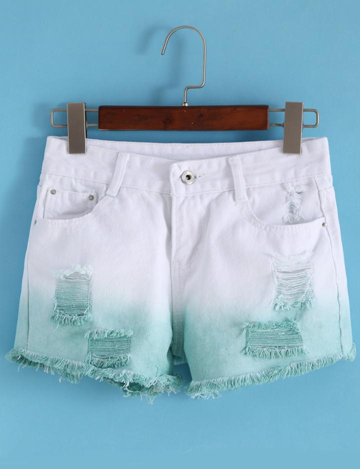 Romwe Ripped Fringe Denim Green Shorts