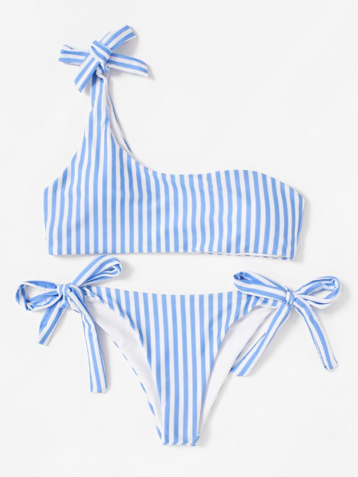 Romwe Tie Side One Shoulder Striped Bikini Set