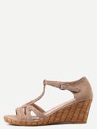 Romwe Khaki Faux Suede Braided T-strap Wedges