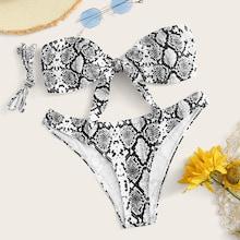 Romwe Snakeskin Print Knot Front Bandeau Bikini Set