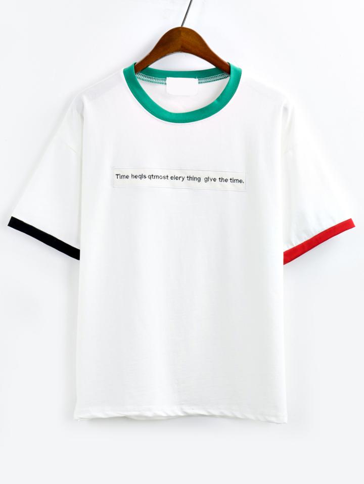 Romwe Contrast Trim Letter Embroidered Patch T-shirt - White