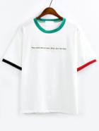 Romwe Contrast Trim Letter Embroidered Patch T-shirt - White