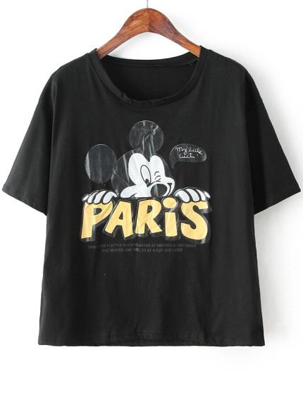 Romwe Mickey Letter Print Black T-shirt