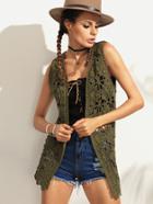 Romwe Army Green Crochet Hollow Out Sweater Vest