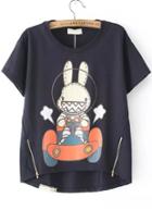 Romwe Dip Hem With Zipper Rabbit Print Navy T-shirt