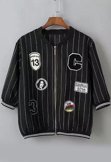 Romwe With Zipper Vertical Striped Patch Black Jacket