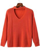 Romwe Red Choker V Neck Drop Shoulder Sweater