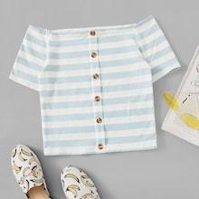 Romwe Striped Off The Shoulder Single Breasted Tee