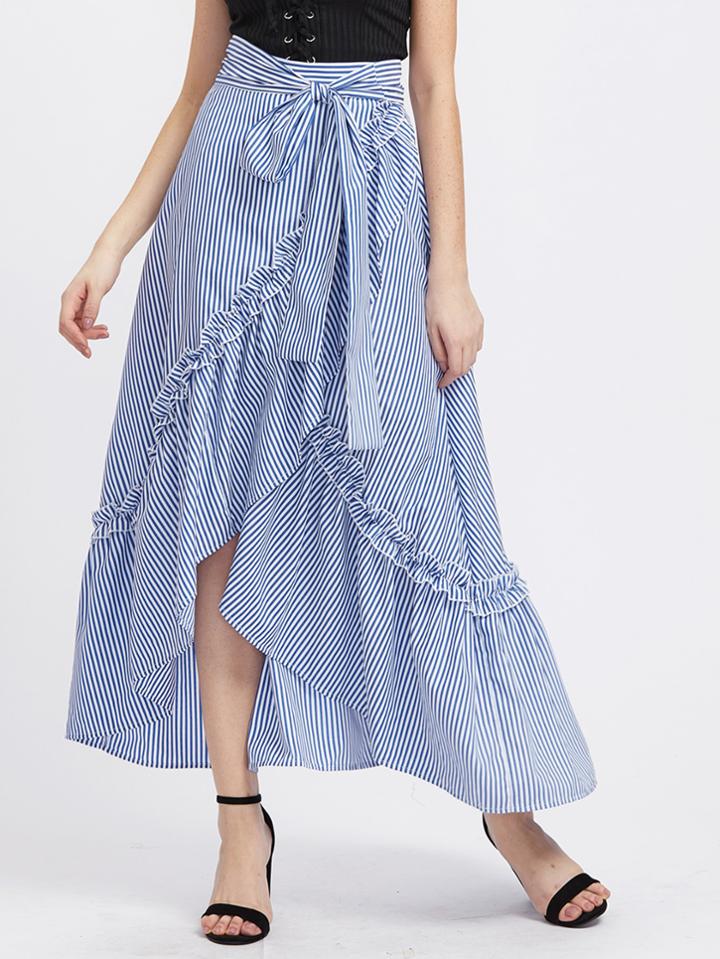 Romwe Self Belt Ruffle Trim Striped Overlap Skirt