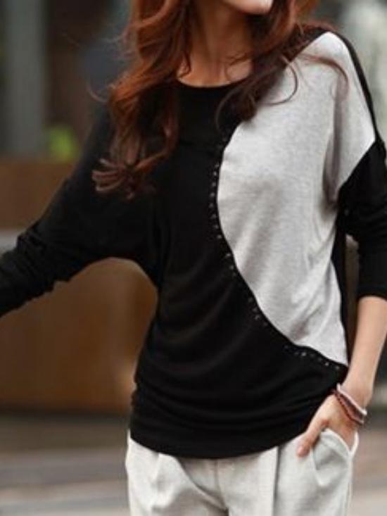 Romwe Color-block Long Sleeve Rivet T-shirt