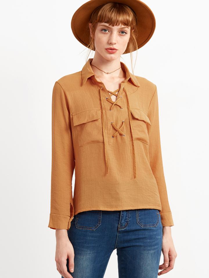 Romwe Khaki Lace Up Blouse With Pockets