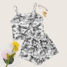 Romwe Leaf Print Cami Pj Set