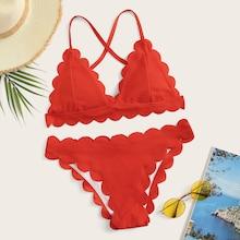 Romwe Criss Cross Self Tie Top With Scallop Trim Bikini Set