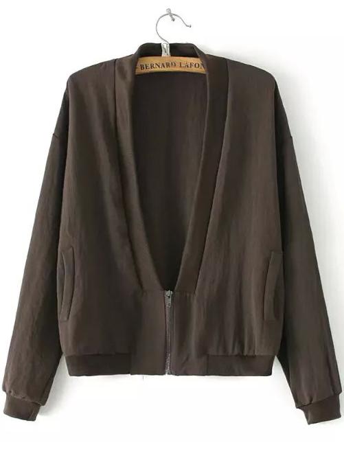 Romwe Deep V Neck Zipper Brown Coat