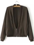 Romwe Deep V Neck Zipper Brown Coat