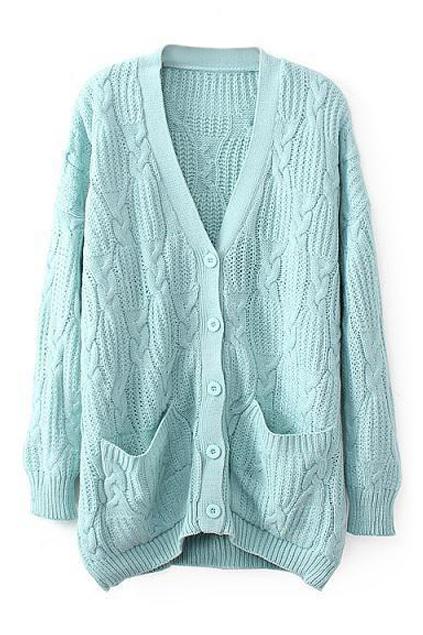 Romwe Blue V Neck Pocketed Cardigan