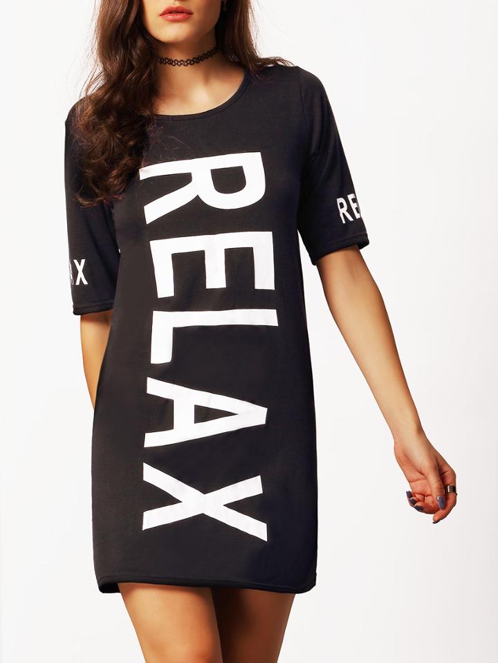 Romwe Black Short Sleeve Letters Print Dress