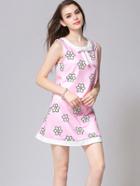 Romwe Bow Flower Print Tank Top With Pink Skirt