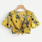 Romwe Pineapple Print  Knot Front Top