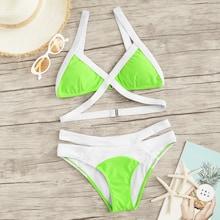 Romwe Neon Lime Contrast Trim Triangle Top With Loop Side Bikini