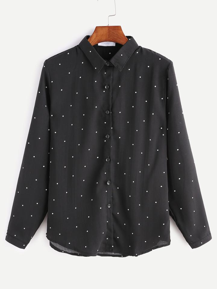 Romwe Black Polka Dot Button Shirt