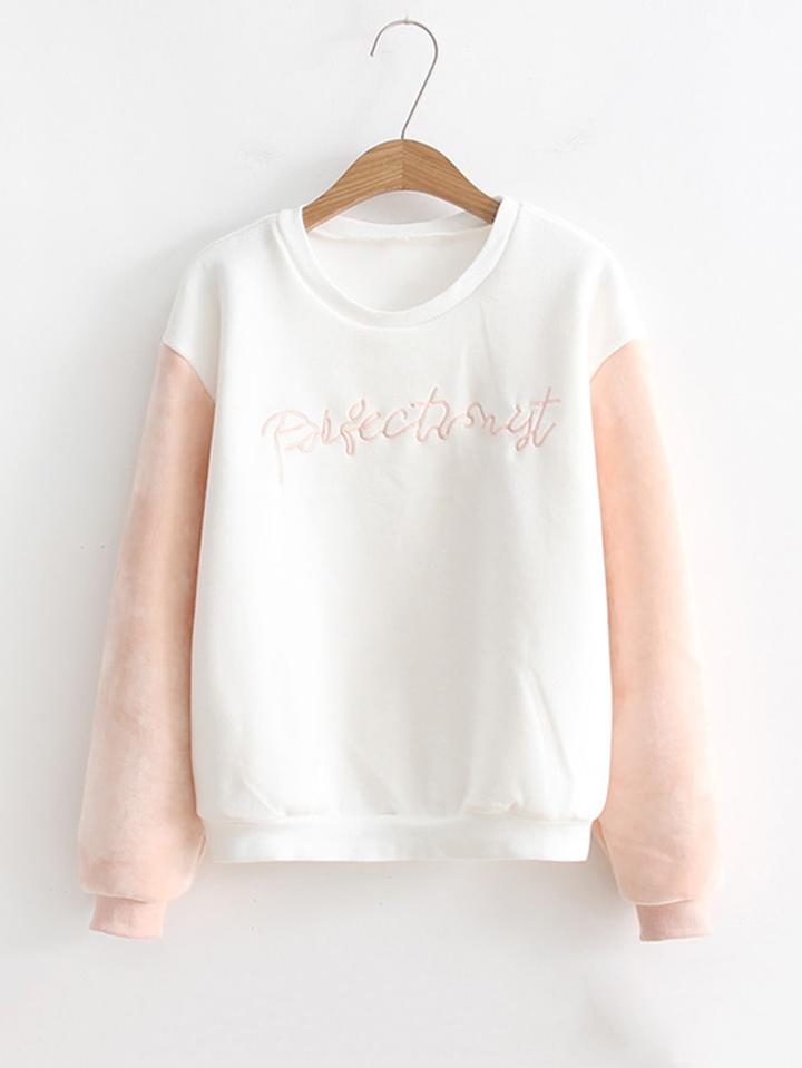 Romwe Contrast Sleeve Embroidery Sweatshirt