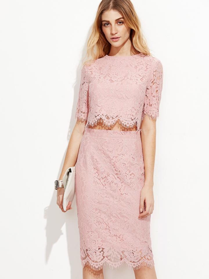 Romwe Open Midriff Floral Eyelash Lace Overlay Dress