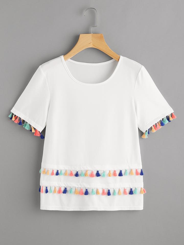 Romwe Tiered Tassel Trim T-shirt