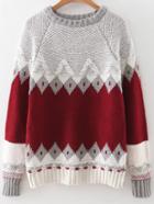 Romwe Red Geometric Pattern Ribbed Trim Sweater
