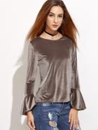 Romwe Grey Bell Sleeve Zipper Back Velvet T-shirt
