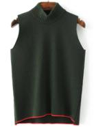 Romwe Army Green Mock Neck Contrast Trim Sweater Vest