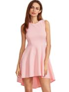 Romwe Pink Sleeveless Asymmetric Hem Flare Dress