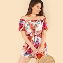 Romwe Plus Palm Leaf Print Knot Front Romper