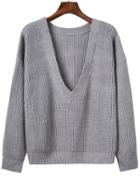 Romwe Grey Ribbed V Neck Drop Shoulder Sweater