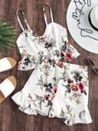 Romwe Floral Print Random Frill Hem Self-tie Crop Top With Shorts