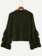 Romwe Olive Green Layered Ruffle Sleeve Sweater